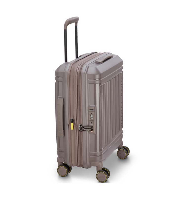 Brown Delsey cabin suitcase with 4 wheels and handle on a white background