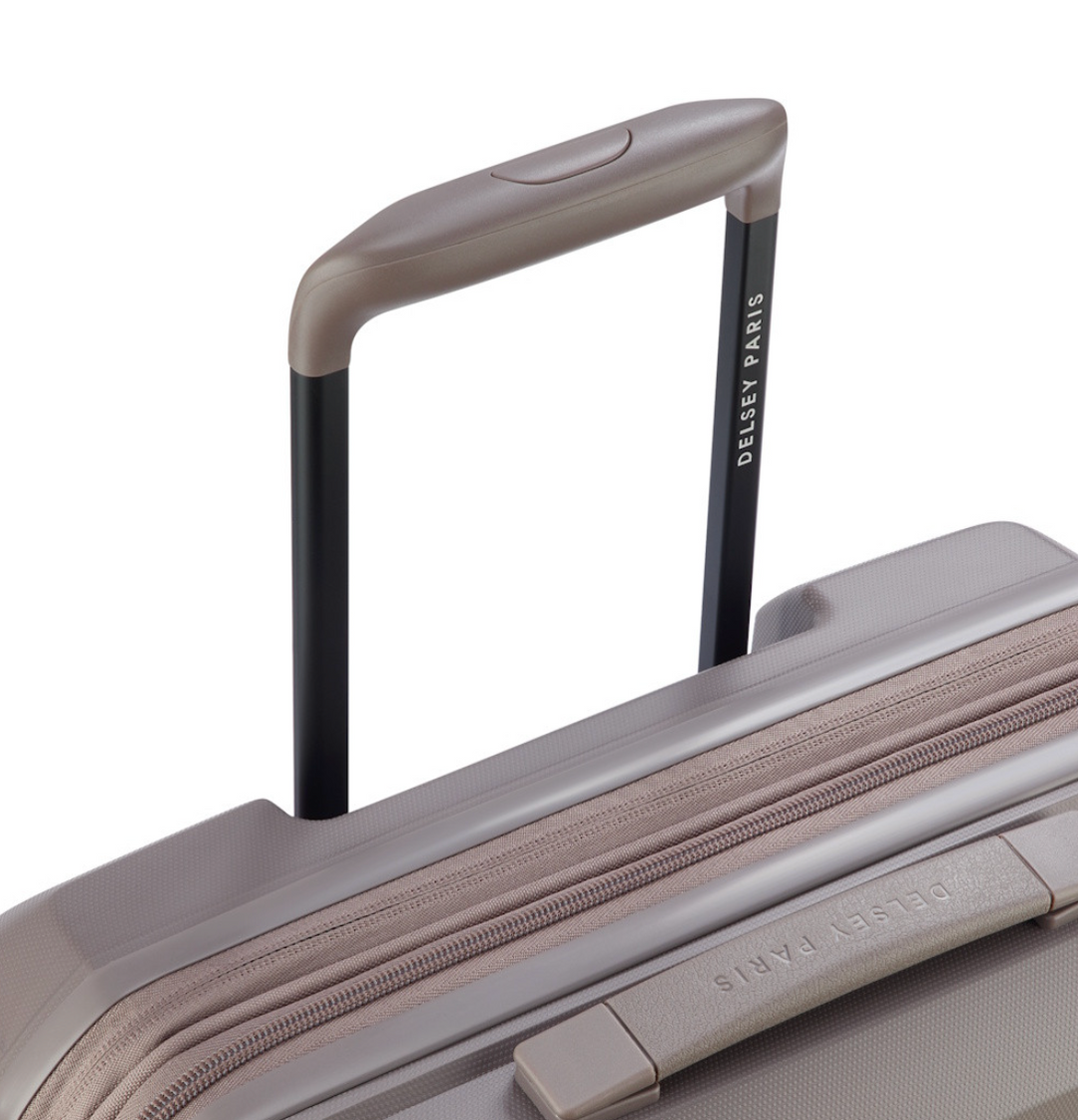 Close-up of a suitcase handle and wheels on a white background