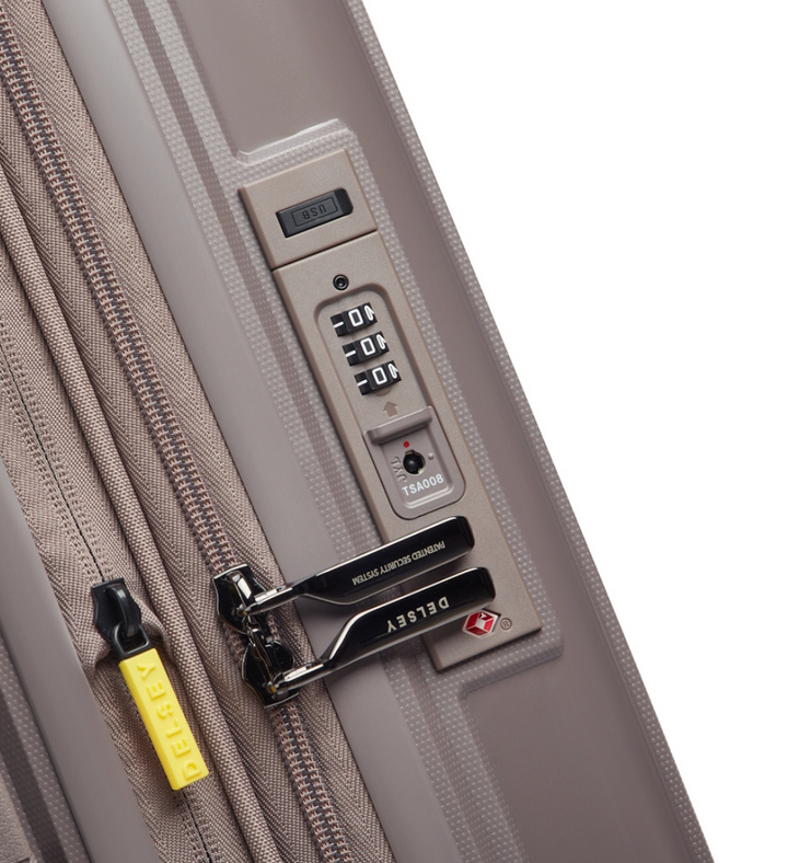 Close-up of a suitcase with a combination lock and brand logo.