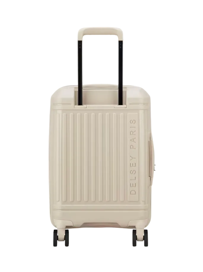 Back of a beige suitcase with 'Delsey Paris' branding on a white background
