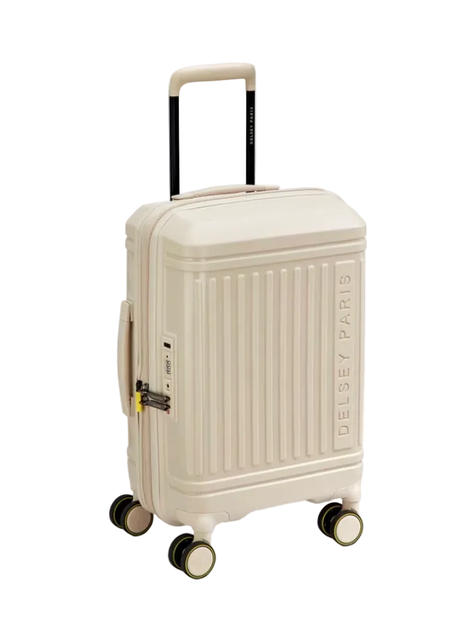 Beige suitcase with 'Delsey' branding on a white background