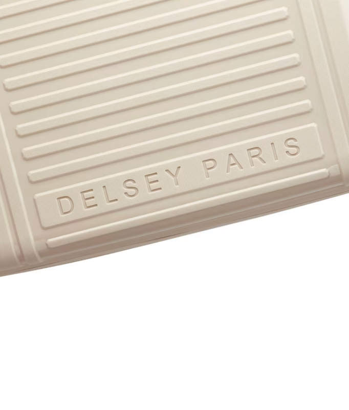 Close-up of a beige textured suitcase surface with 'Delsey Paris' branding.