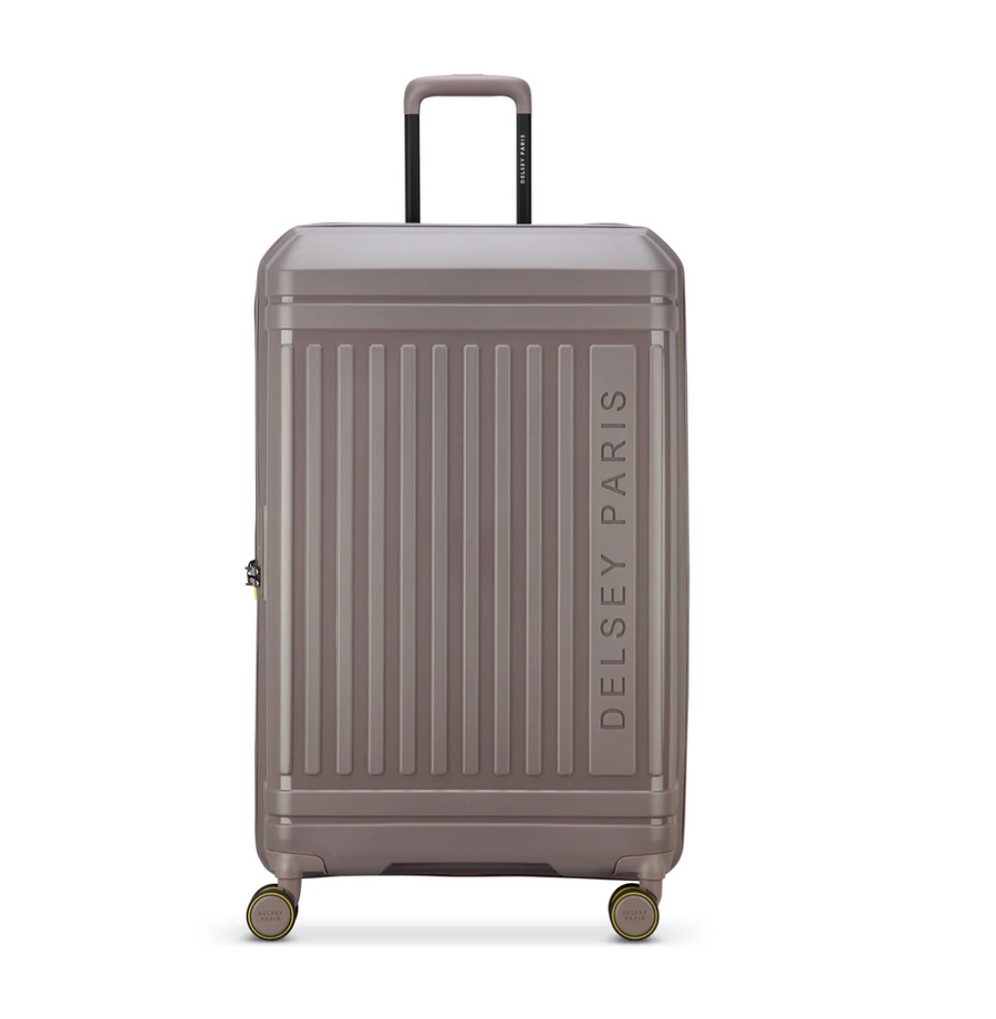 Brown suitcase with 'Delsey Paris' branding on a white background