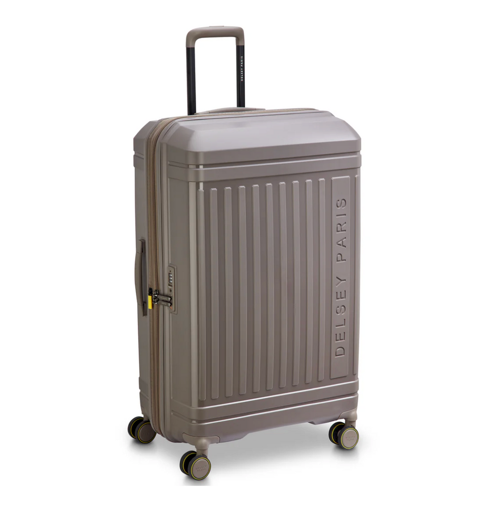 Brown suitcase with 'Delsey Paris' branding on a white background