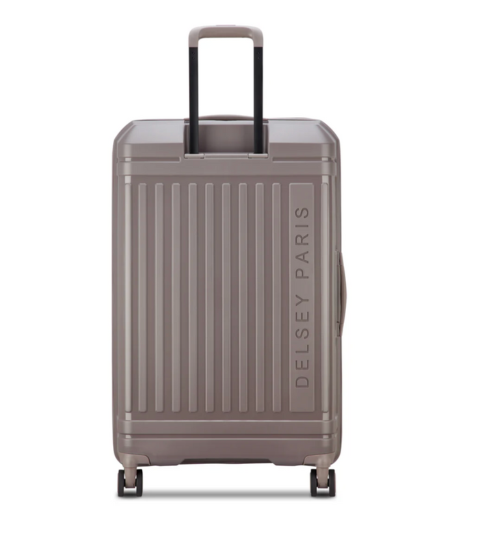 Back of a brown suitcase with 'Delsey Paris' branding on a white background