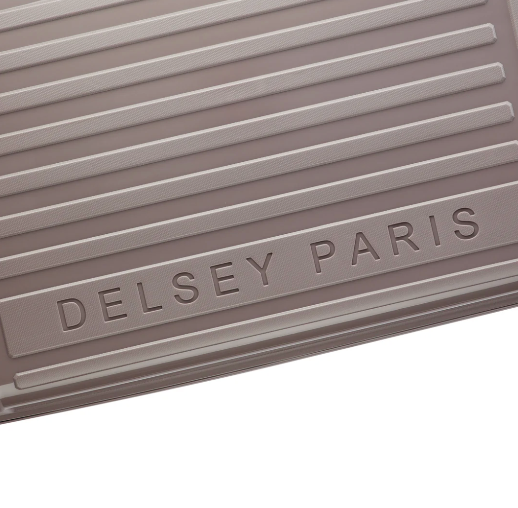 Close-up of a brown Delsey Paris suitcase with embossed branding on a white background