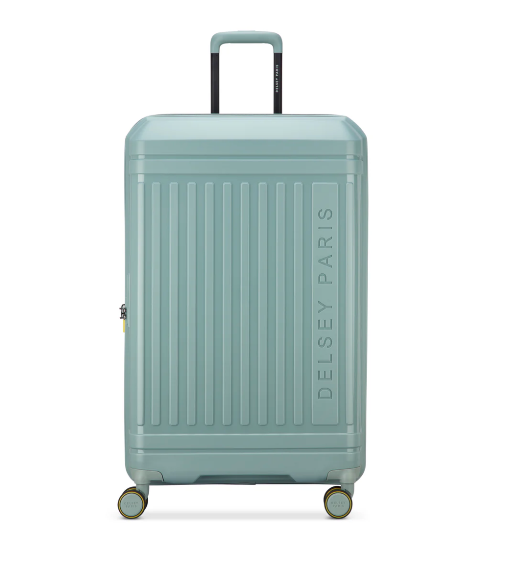 Sage green suitcase with 'Delsey Paris' branding on a white background