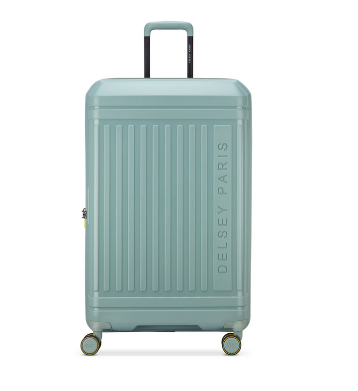 Sage green suitcase with 'Delsey Paris' branding on a white background