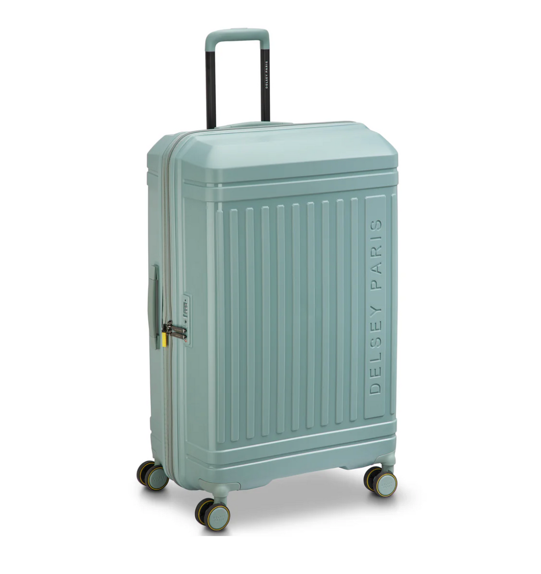 Sage green suitcase with 'Delsey Paris' branding on a white background