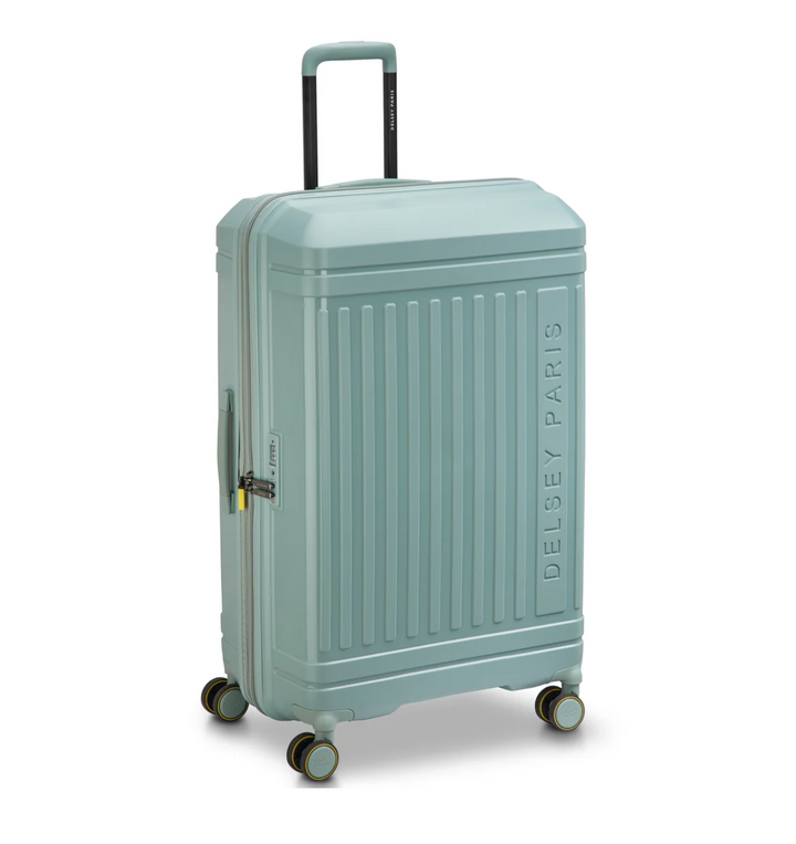 Sage green suitcase with 'Delsey Paris' branding on a white background