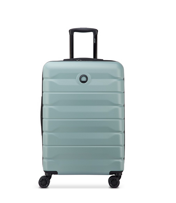 Sage Green Delsey suitcase with black wheels and handle on a white background
