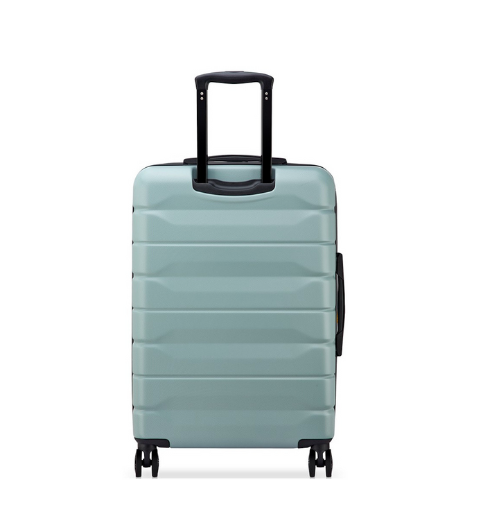 Back of a Sage Green Delsey suitcase with black wheels and handle on a white background