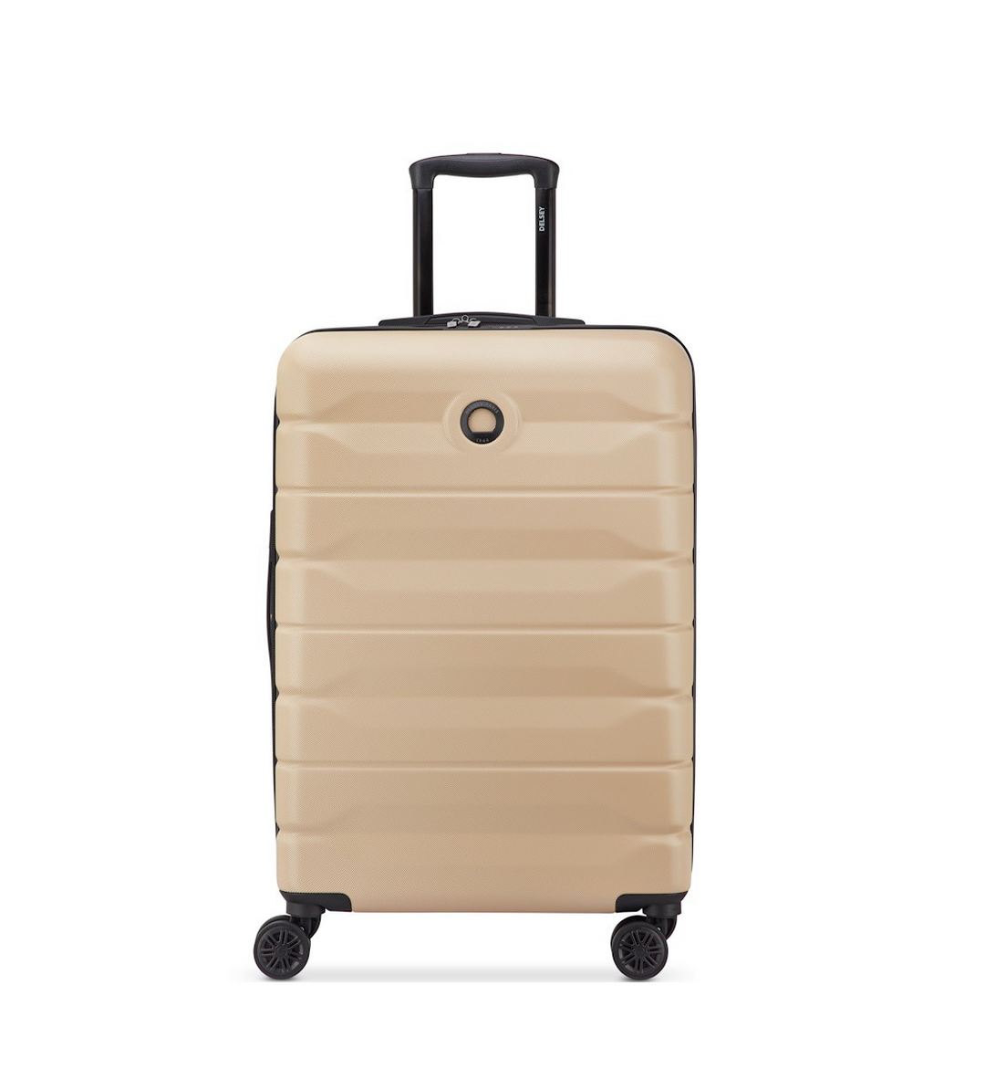 Beige Delsey suitcase with black handle and wheels on a white background