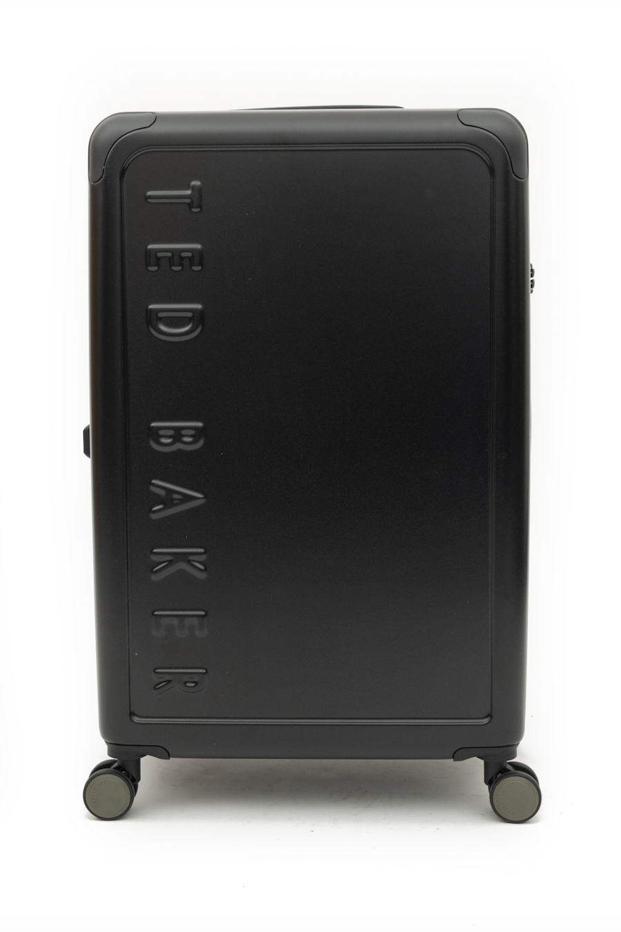 Black suitcase with 'Ted Baker' branding on a white background