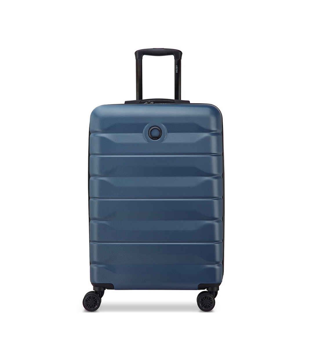 Blue Delsey suitcase with wheels and a handle on a white background