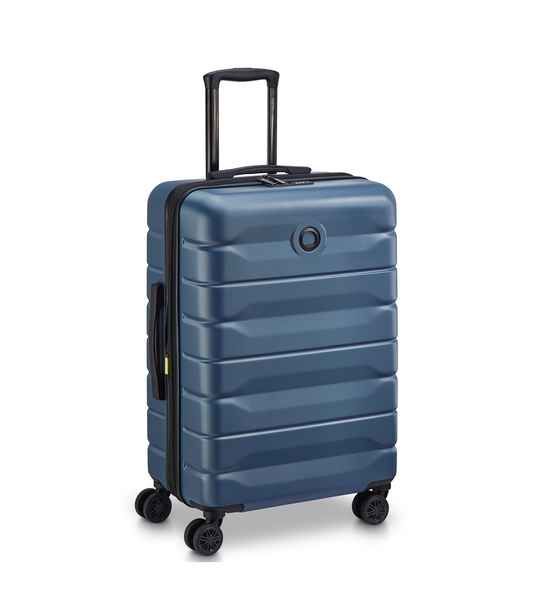 Blue Delsey suitcase with wheels and a handle on a white background