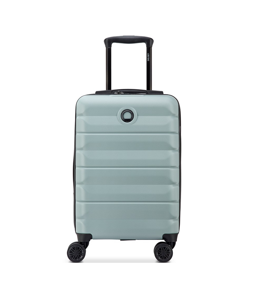 Sage Green Delsey suitcase with black wheels and handle on a white background