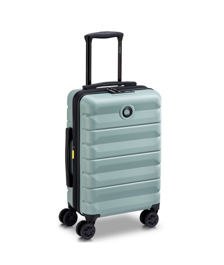 Sage Green Delsey suitcase with black wheels and handle on a white background