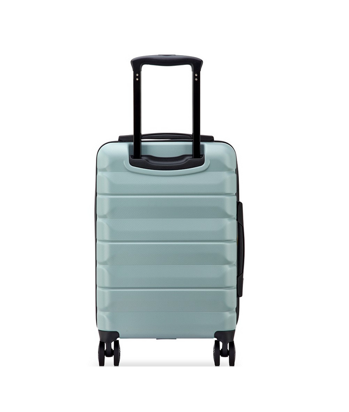 Back of a Sage Green Delsey suitcase with black wheels and handle on a white background