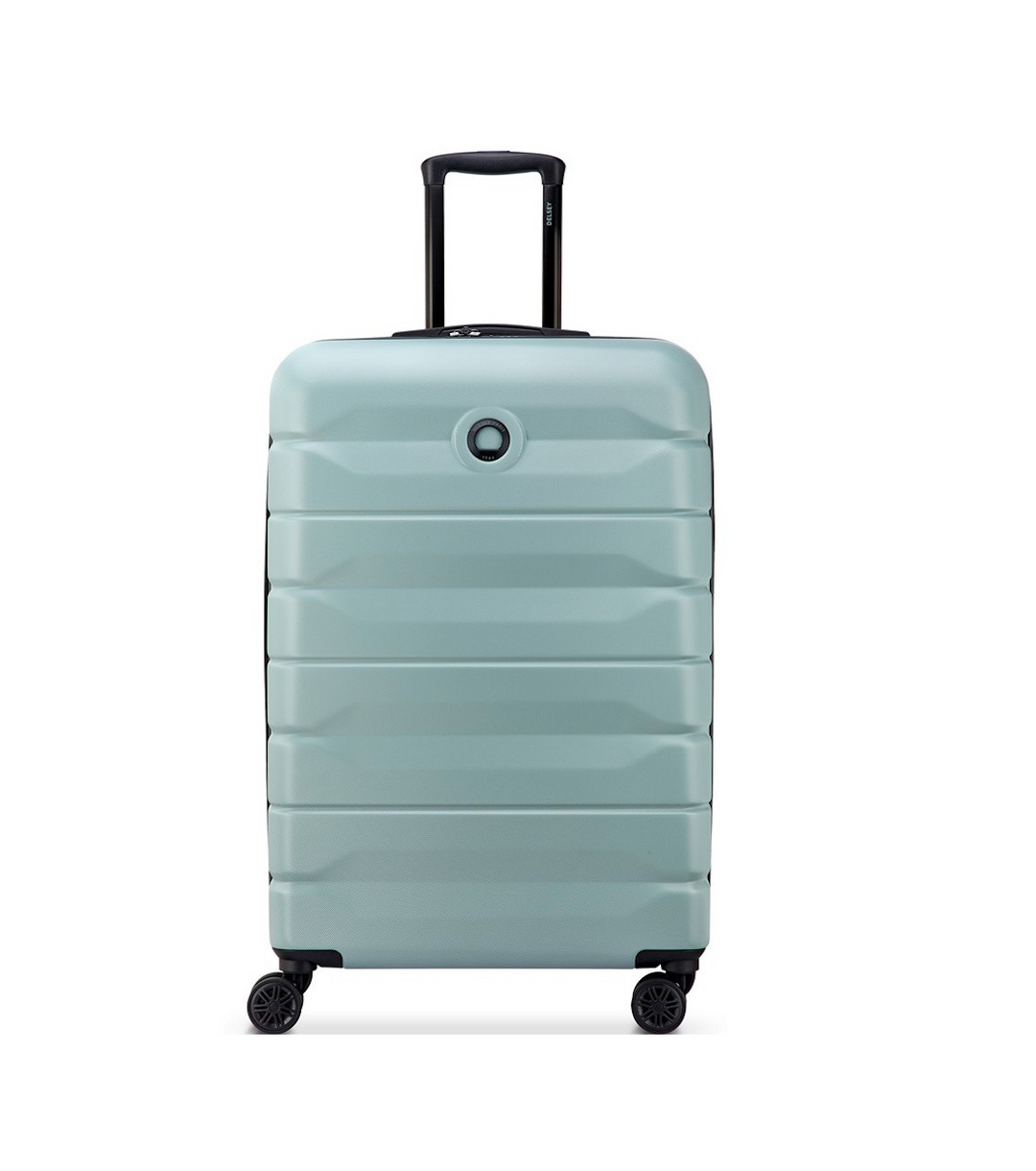 Sage Green Delsey suitcase with black wheels and handle on a white background