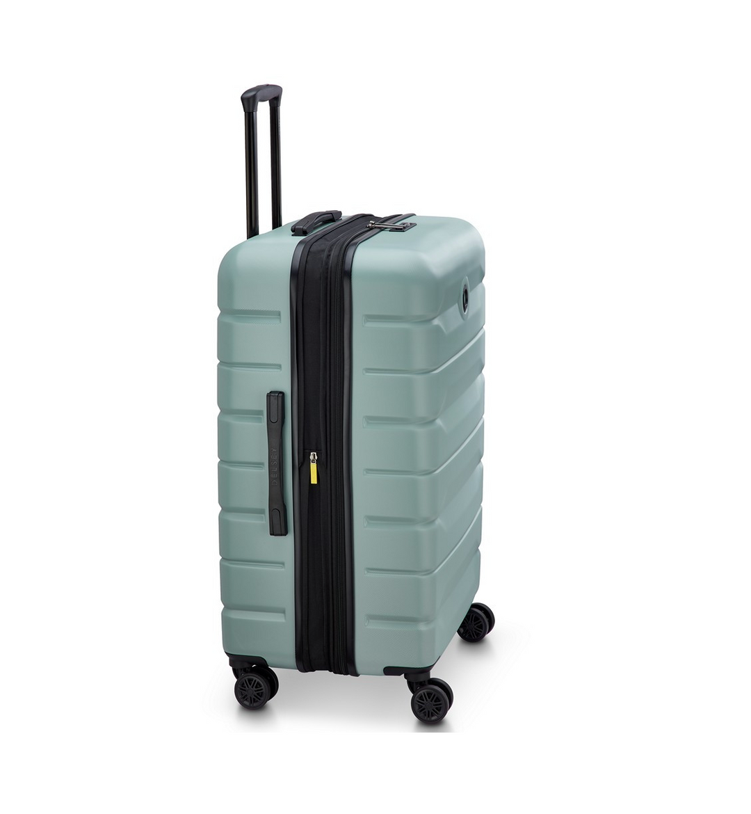 Side angle of a Sage Green Delsey suitcase with black wheels and handle on a white background
