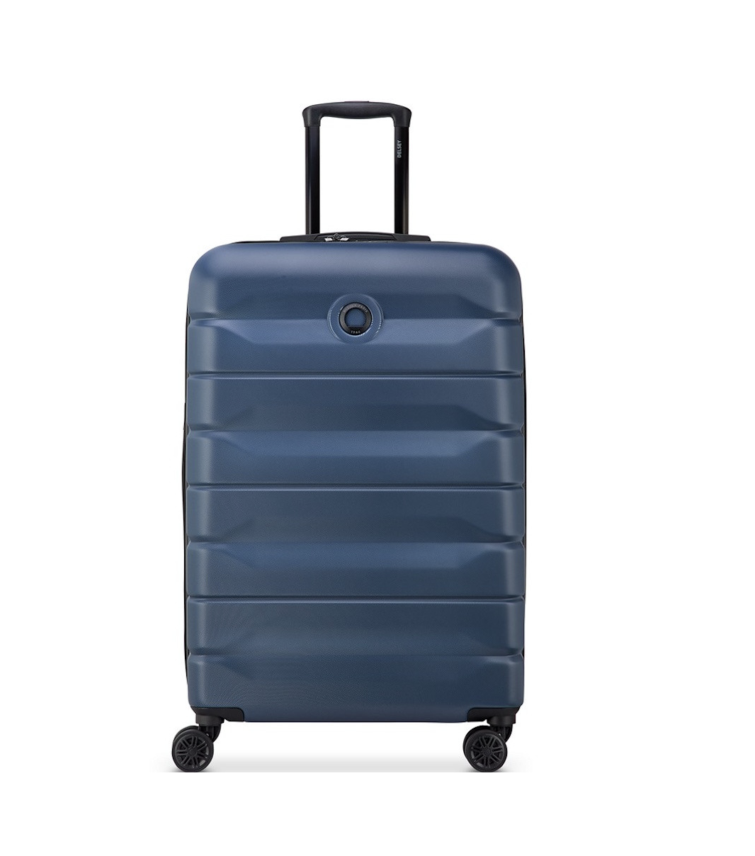 Blue Delsey suitcase with a black handle on a white background