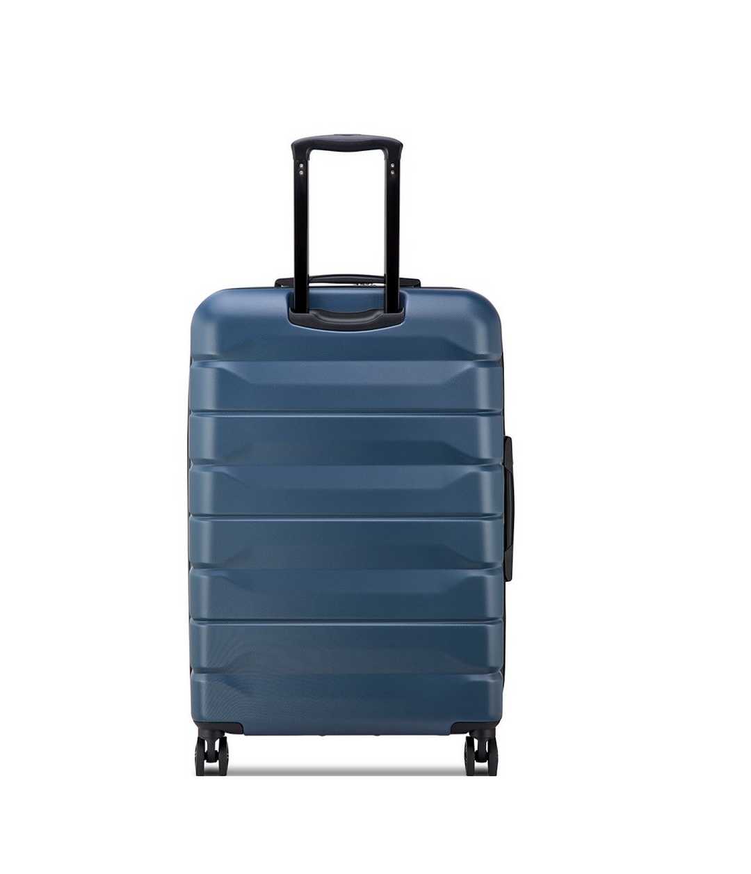 Back of a Blue Delsey suitcase with wheels and a handle on a white background