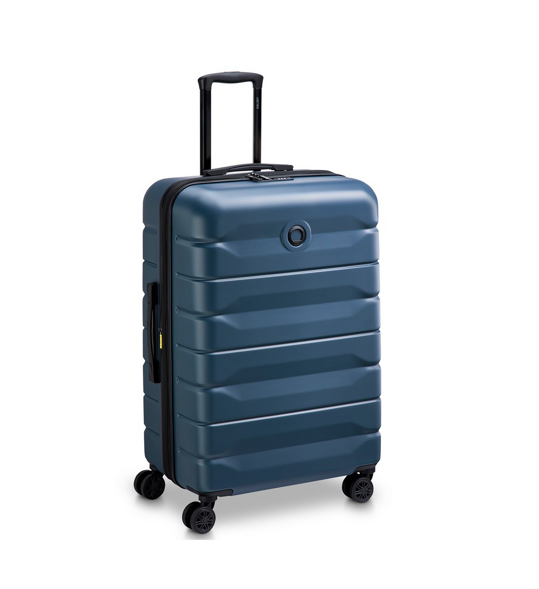 Blue Delsey suitcase with a black handle on a white background