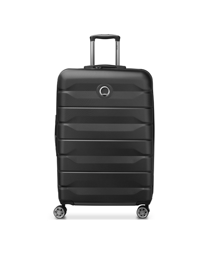 Black Delsey suitcase with black handle and wheels on a white background