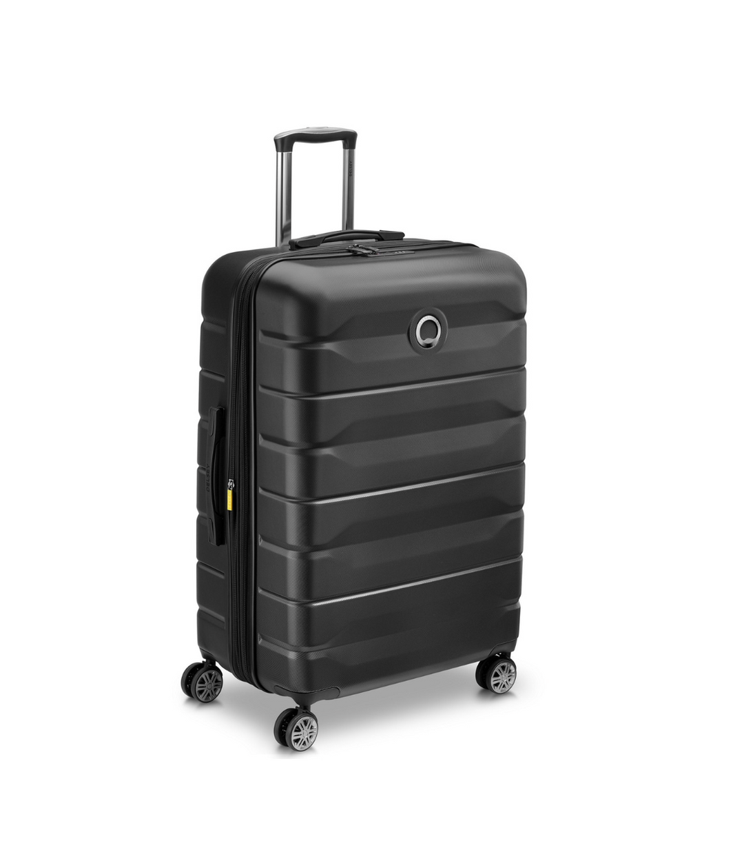 Black Delsey suitcase with black handle and wheels on a white background