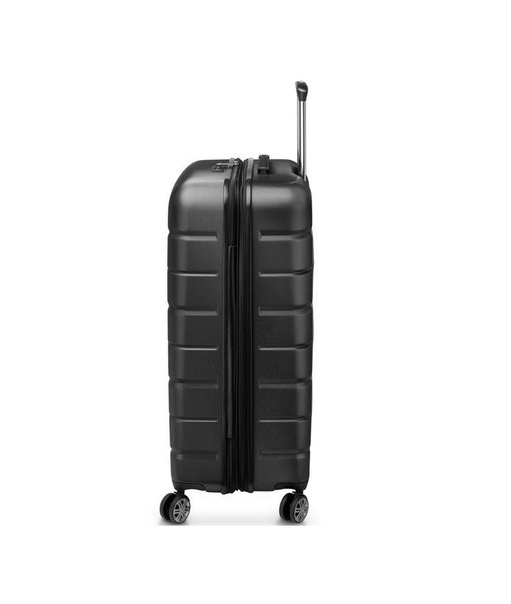 Side angle of a Black Delsey suitcase with black handle and wheels on a white background