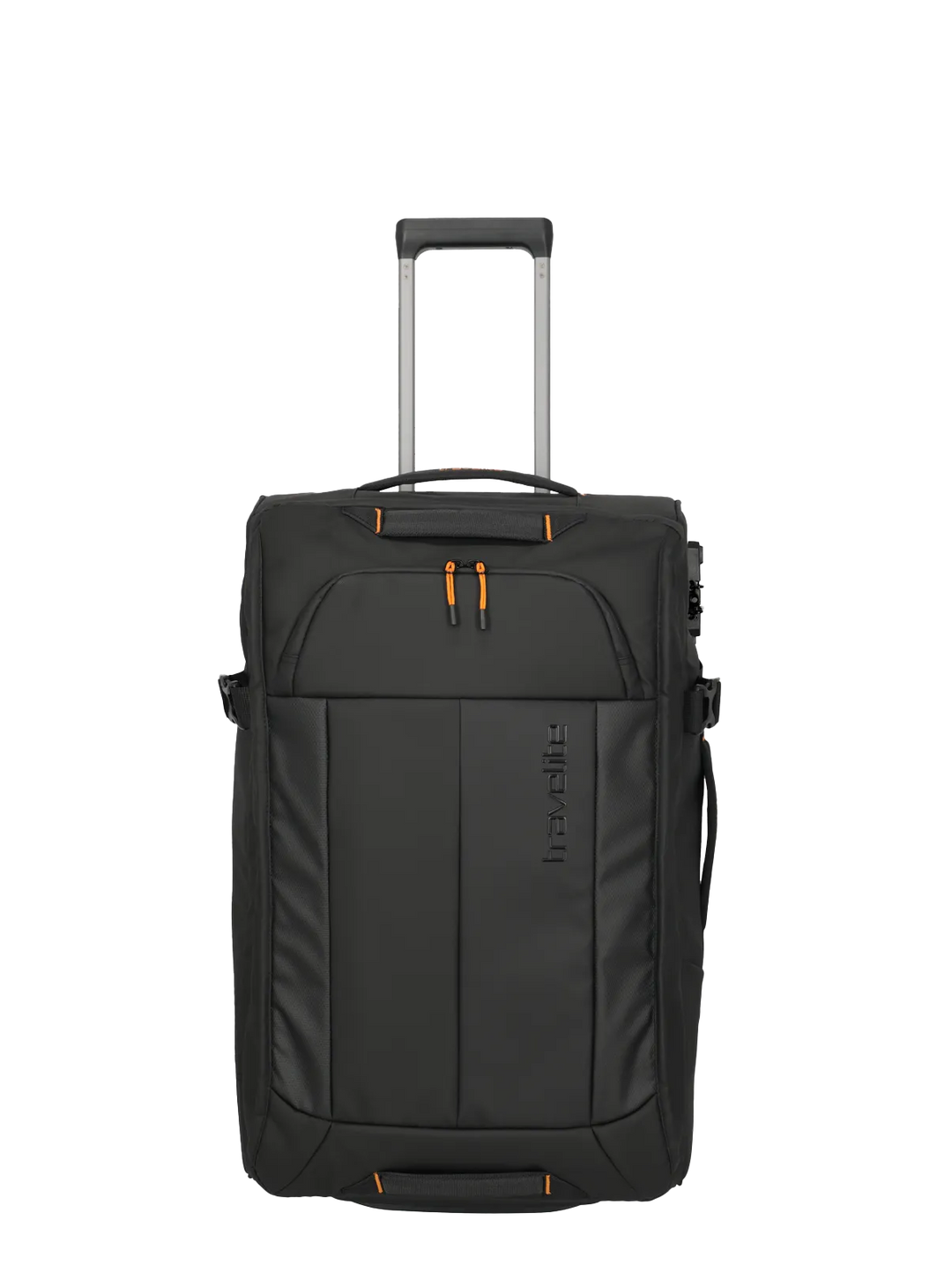 Black rolling duffle suitcase with visible brand logo on a white background