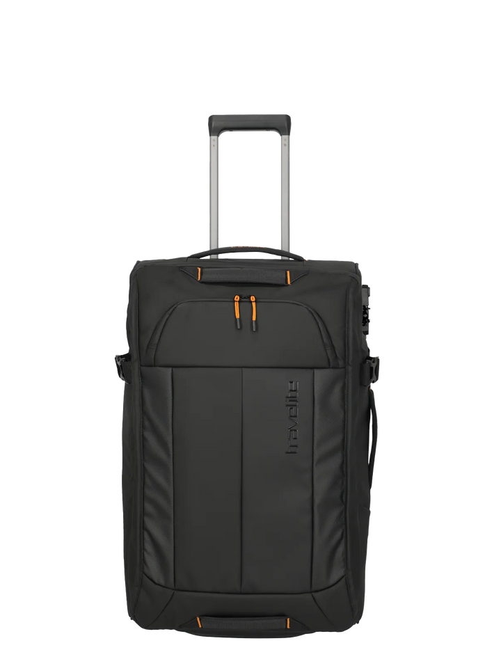 Black rolling duffle suitcase with visible brand logo on a white background