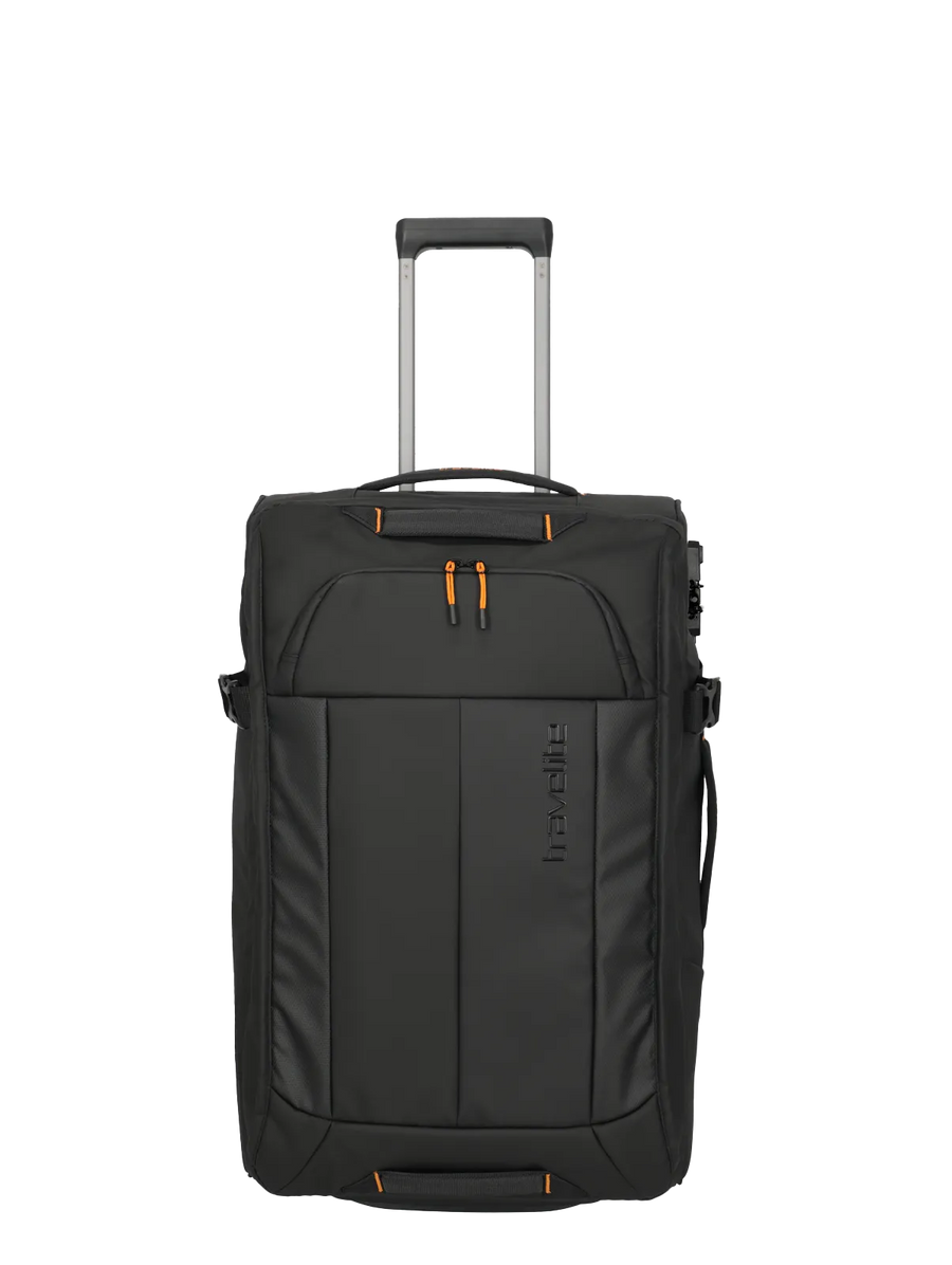 Black rolling duffle suitcase with visible brand logo on a white background