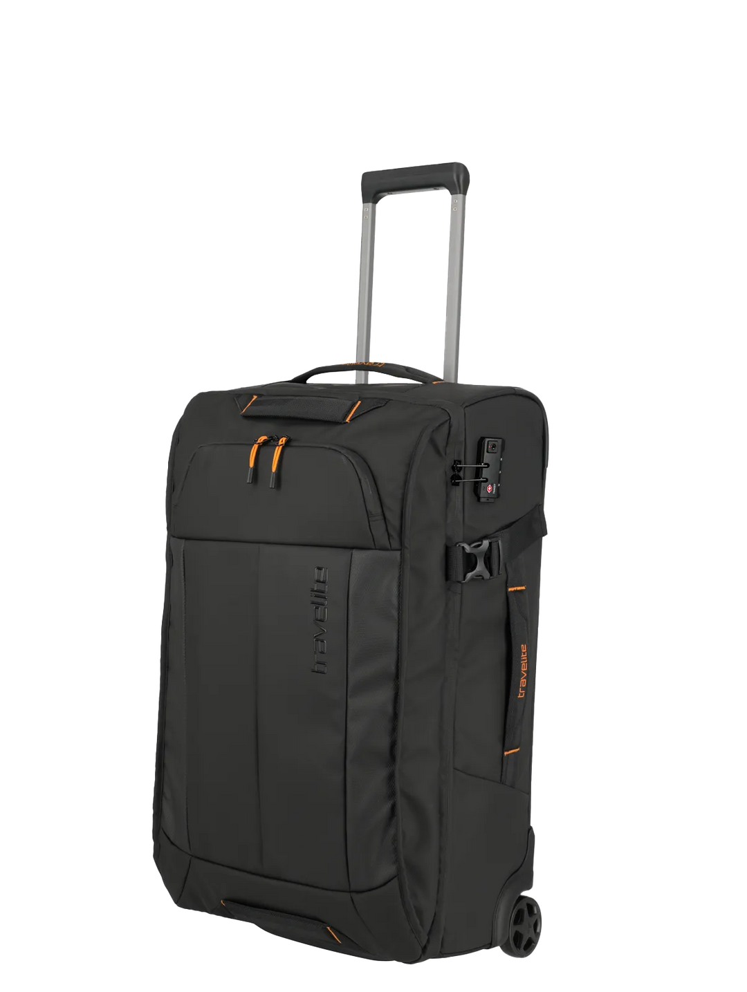 Black rolling suitcase with orange accents on a white background