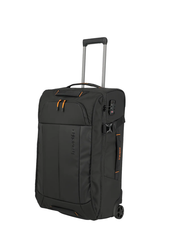 Black rolling suitcase with orange accents on a white background