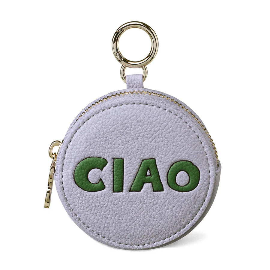 Round keychain pouch with 'CIAO' text on a white background