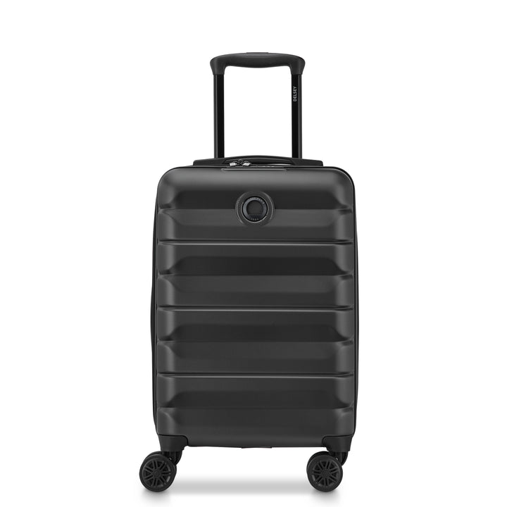 Black Delsey suitcase with black handle and wheels on a white background