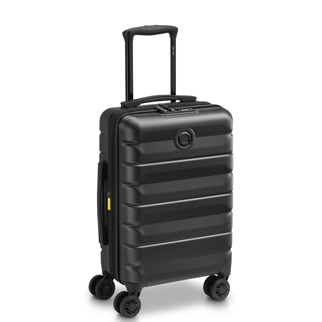Black Delsey suitcase with black handle and wheels on a white background
