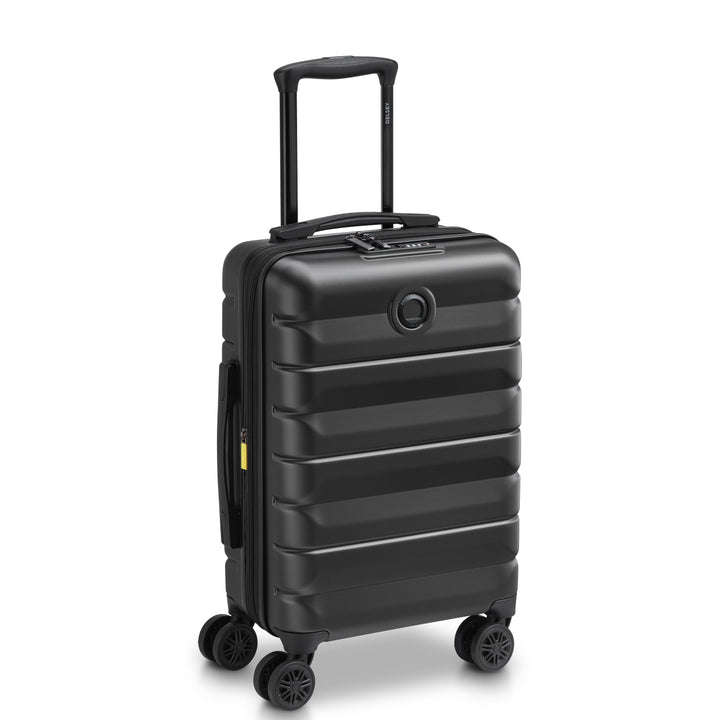 Black Delsey suitcase with black handle and wheels on a white background