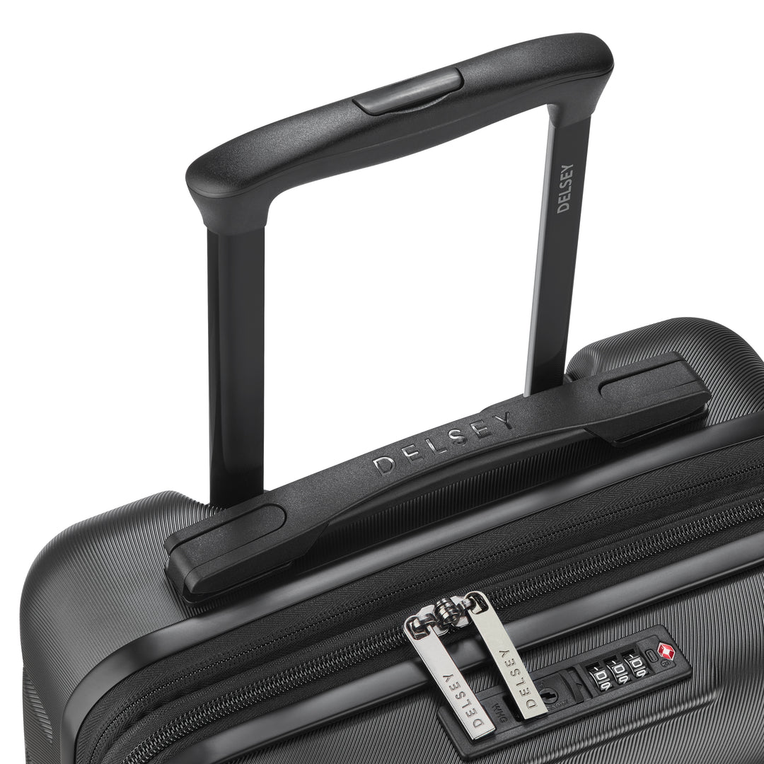 Black suitcase with handle and Delsey branding on a white background