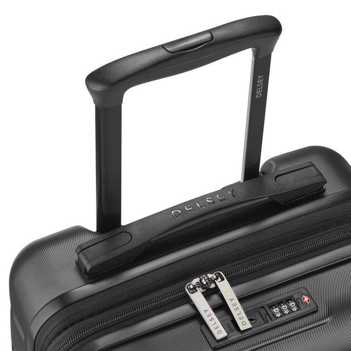 Black suitcase with handle and Delsey branding on a white background