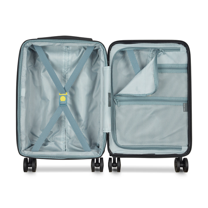Open suitcase with blue striped interior lining view on a white background