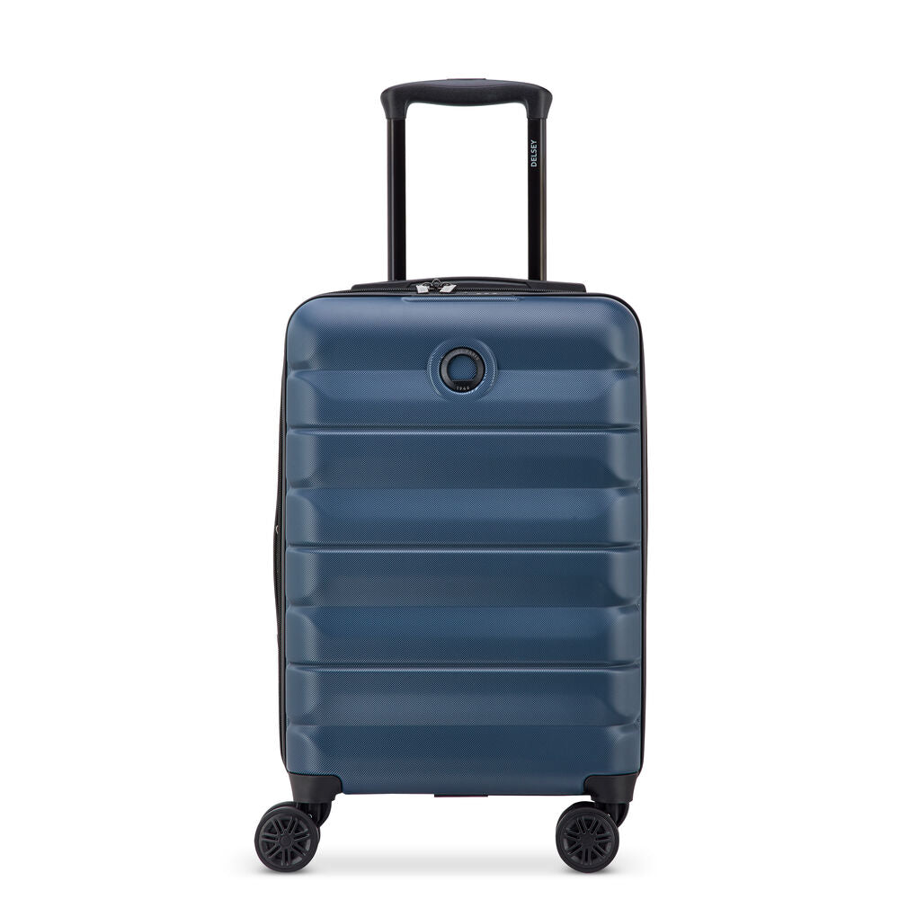 Blue Delsey suitcase with a black handle on a white background