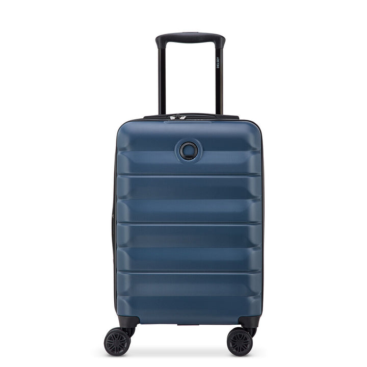 Blue Delsey suitcase with a black handle on a white background