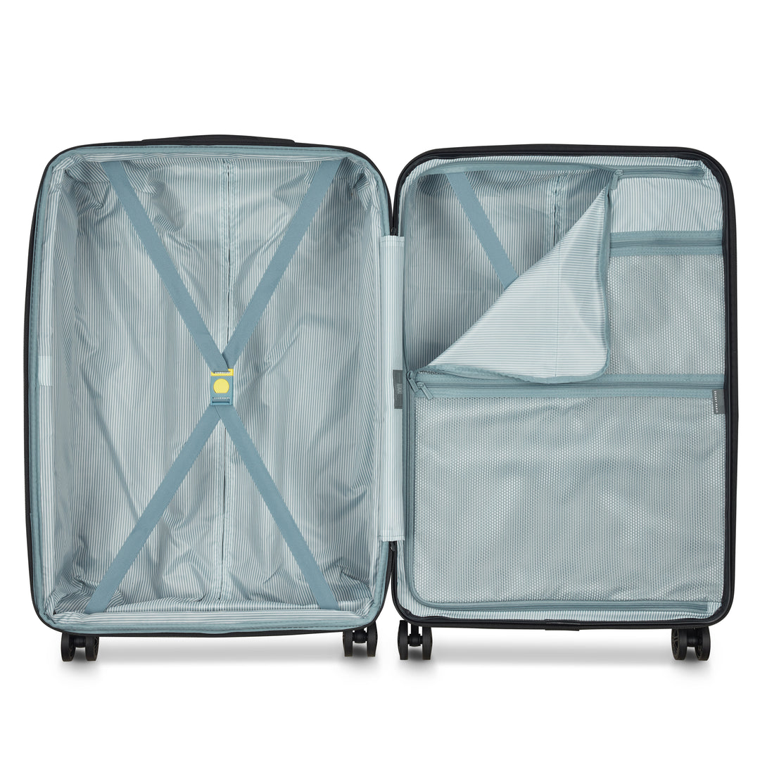 Open suitcase with blue striped interior lining with organization panels on a white background