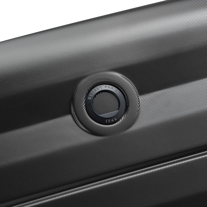 Close-up of a black suitcase Delsey brand logo on a white background