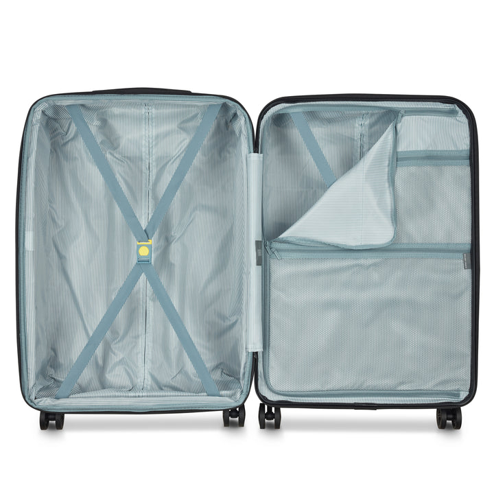 Open suitcase with interior organization panels on a white background