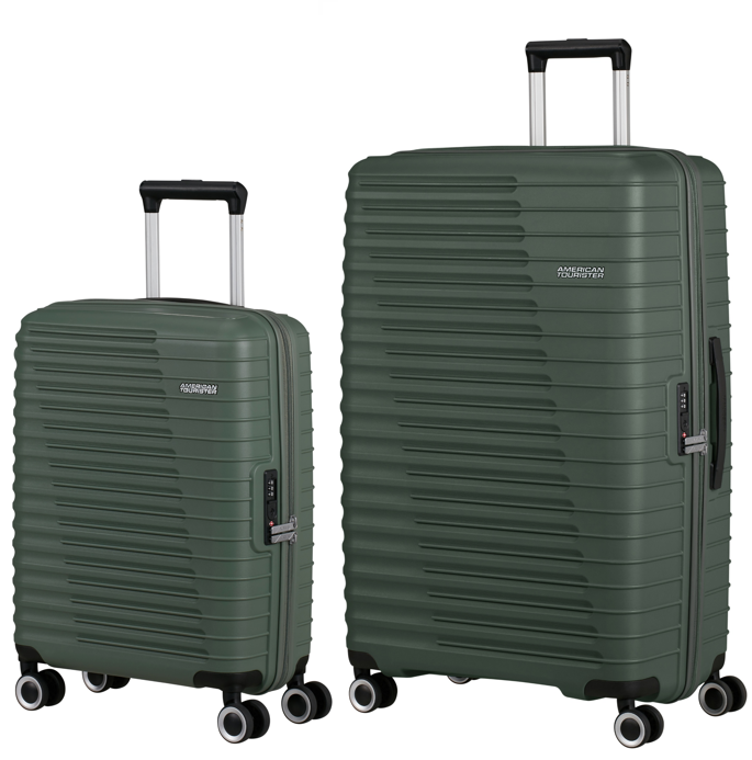 Two green suitcases with American Tourister branding on a white background