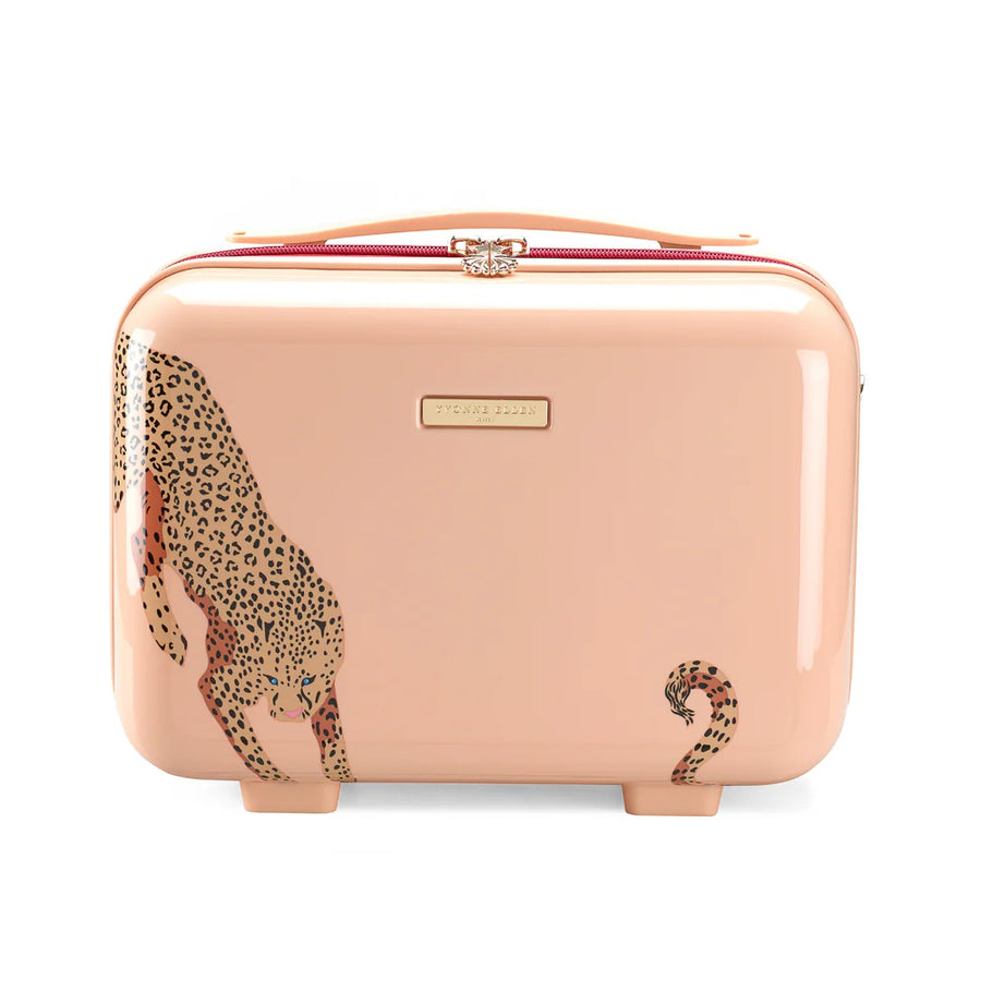 Pink vanity case with leopard print design on a white background